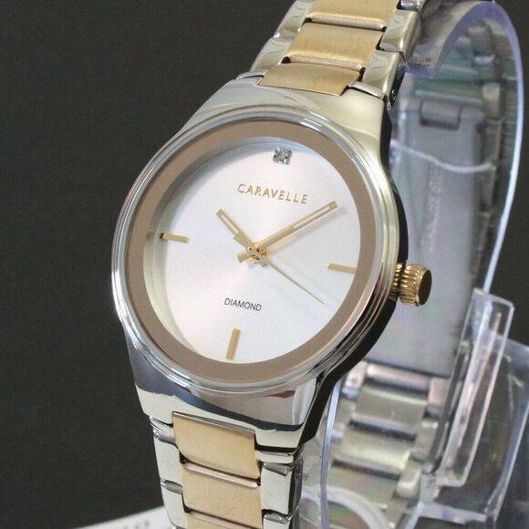 Caravelle Ladies Modern Design Watch By Bulova Diamond At 12 Silver - Gold Tone - Picture 7 of 12